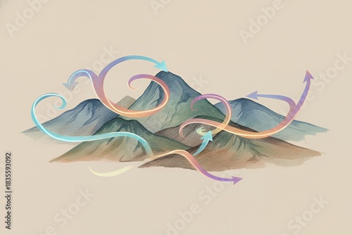 Abstract mountain landscape with colorful swirling arrows wind map overlay