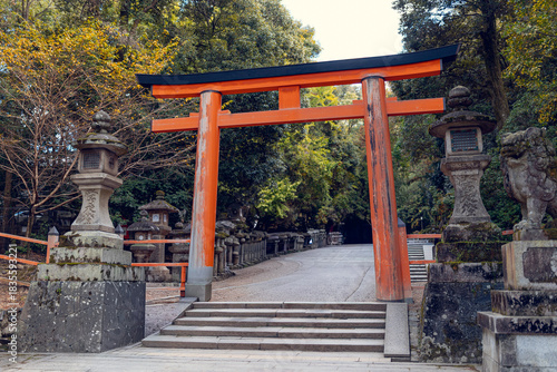 Ancient Torii Gate at Kasuga Taisha Pathway in Nara, Japan