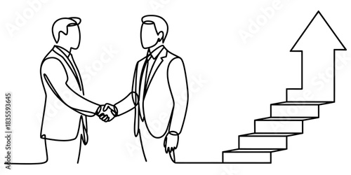 Businessmen shaking hands, a continuous line forms steps and an upward arrow, symbolizing successful partnership, career growth, and progress Vector, illustration