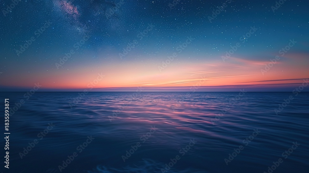 Fototapeta premium Serene Night Beach Shoreline with Gentle Waves, Star-Dense Sky, and Milky Way Reflections; Calm Dark Blue Ocean Surface Glowing Under Moonlight, Gradient Sky Reflections; Massive Curling Ocean Waves