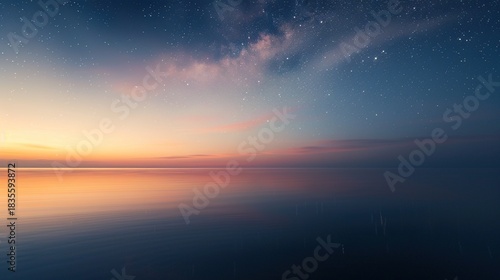 Serene Night Beach Shoreline with Gentle Waves, Star-Dense Sky, and Milky Way Reflections; Calm Dark Blue Ocean Surface Glowing Under Moonlight, Gradient Sky Reflections; Massive Curling Ocean Waves