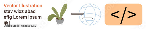 Web development, coding education, software design, online learning, tech innovation, modern interface. Potted plant, globe coding symbol. Web development and coding education concept