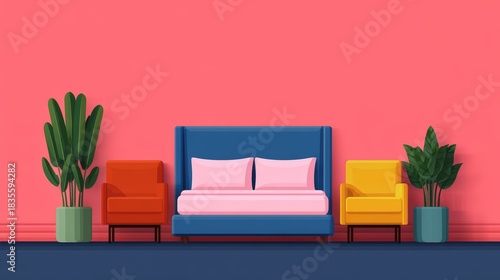 A colorful living room scene featuring a blue bed, vibrant chairs, and lush plants against a pink wall backdrop.