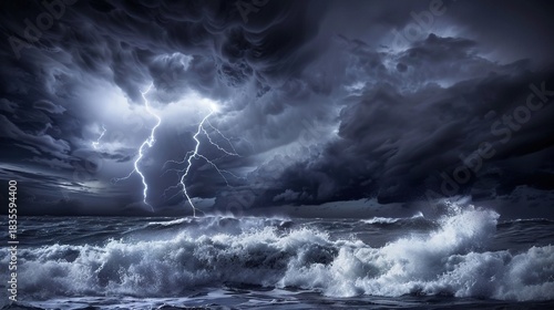 Serene Night Beach Shoreline with Gentle Waves, Star-Dense Sky, and Milky Way Reflections; Calm Dark Blue Ocean Surface Glowing Under Moonlight, Gradient Sky Reflections; Massive Curling Ocean Waves