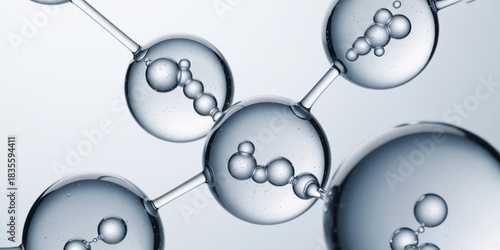 Collagen peptide in clear glass spheres with subtle blue-white highlights and micro-bubbles showcasing chrome bonds.
