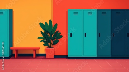 A vibrant hallway features colorful lockers, a bench, and a potted plant against a bold, contrasting wall.
