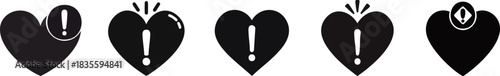 Surprised Heart Silhouette. Four stylized black hearts with exclamation marks, showcasing a playful and artistic design.