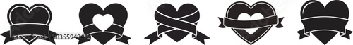 A collection of stylized heart icons, featuring different designs and ribbon elements, symbolizing love and affection.