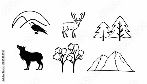 Illustration of a mountain landscape with a bird, deer, trees, wolf, and additional mountain range scene mjunaid silhouette