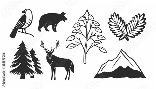 Illustration of bird, bear, trees, deer, mountain, and laurel wreath in black and white vector art mjunaid silhouette