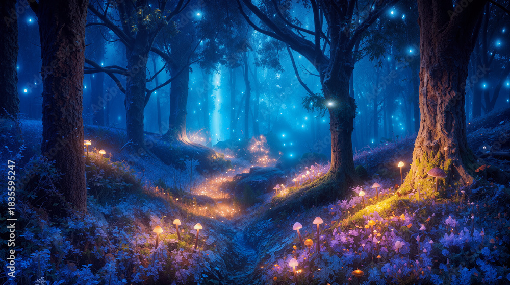 Fototapeta premium Mushrooms light up the forest floor at night. Trees stand tall in the background. Blue light shines through the branches. Flowers add color to the scene