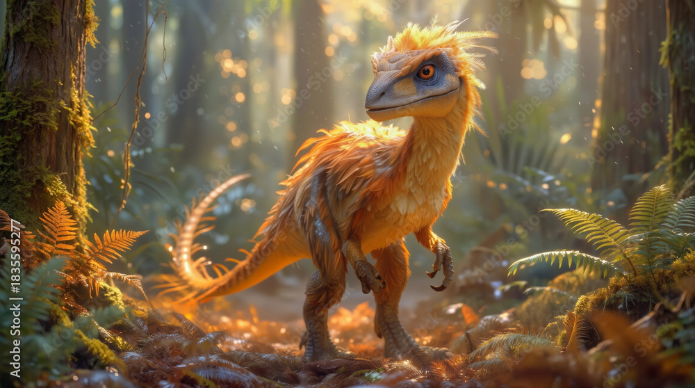 Fototapeta premium A dinosaur with bright orange feathers moves through a dense forest. Sunlight filters through trees, highlighting ferns and moss. The scene captures a moment in a prehistoric world filled with life