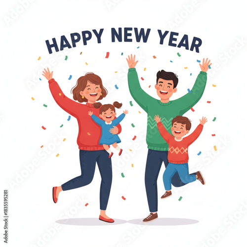 A happy family celebrating New Year together with joyful smiles and colorful confetti