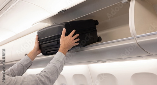 A man is lifting a black suitcase to store it in the overhead compartment of an airplane, showcasing the travel experience and the interior design of the aircraft cabin