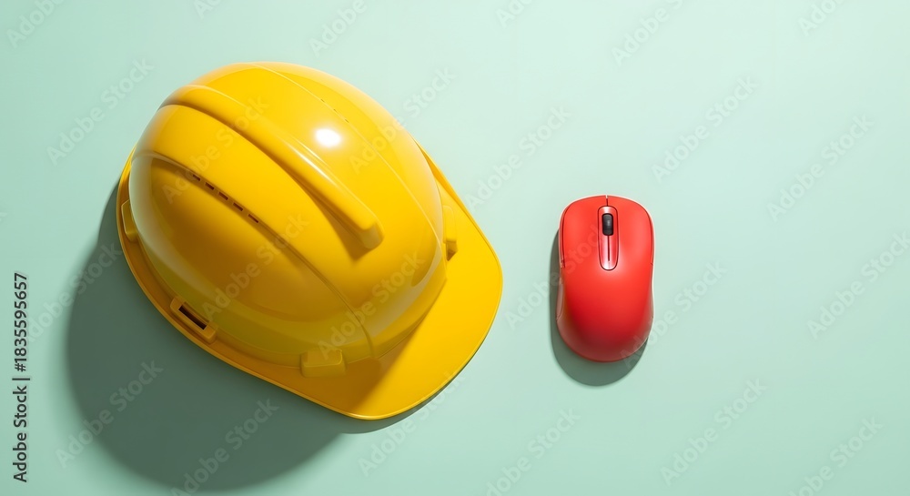 Fototapeta premium Yellow hard hat and red computer mouse on teal background safety construction