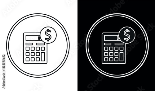 Calculator and dollar sign icon in circle outline Vector illustration