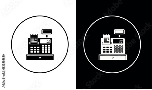 Cash register icon in black and white style Vector illustration