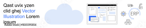 Cloud technology, data integration, enterprise solutions, digital transformation, business automation, software systems. Cloud icon with ERP, gears and screen interface. Cloud technology and data