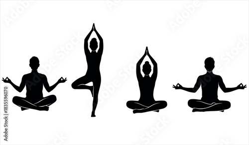 Yoga poses silhouettes meditation and balance illustration