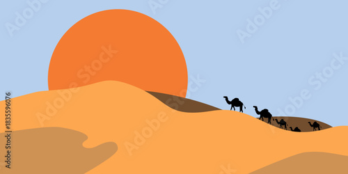 Landscape illustration of camels silhouette in the sand desert.  happy epiphany poster
