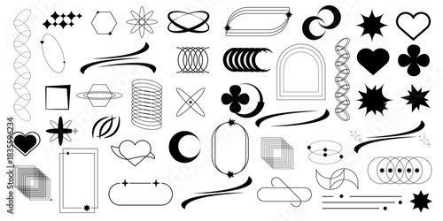 Set of geometric shapes in trendy 90s style. Black trendy design with frame, sparkles, flower, star, lines. Y2k aesthetic element illustrated for banners, social media, poster design, sticker.
