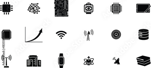 Collection of black and white technology icons representing modern innovation and connectivity