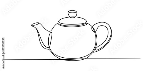 Continuous line art drawing of a classic teapot with a handle and spout on a clean white background, minimalist kitchenware design. Vector, illustration