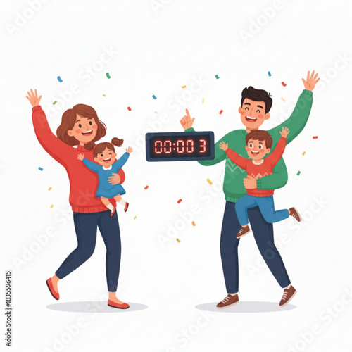 A joyful family counting down the final seconds before the New Year begins
