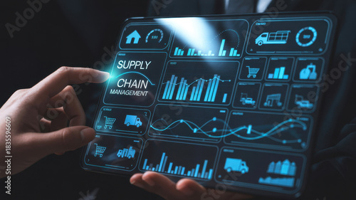 Supply chain management interface showing delivery routes, warehouse efficiency, cost savings, vehicle tracking, procurement ROI, and contract stages. Futuristic supply chain monitoring system. Thunk