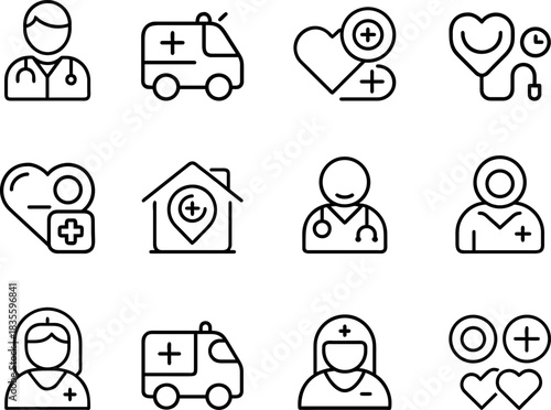 Medical icons depicting healthcare professionals ambulances and symbols of care and wellbeing
