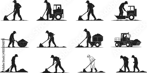 Silhouette vector set of construction workers and farmers digging, shoveling, and operating heavy machinery like tractors and dump trucks in agriculture or industry.