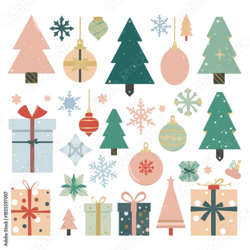 “Modern Christmas Clipart Set with Trees, Gifts and Ornaments – Vector Illustration”