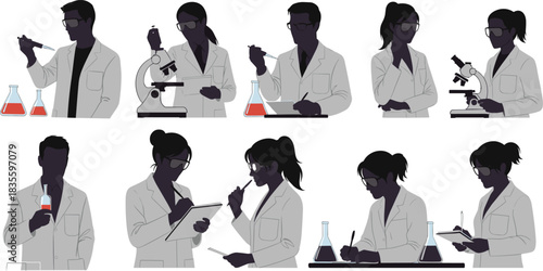 Vector illustration collection of diverse scientists working in a laboratory, using microscopes, beakers, and pipettes for chemical research and scientific analysis.