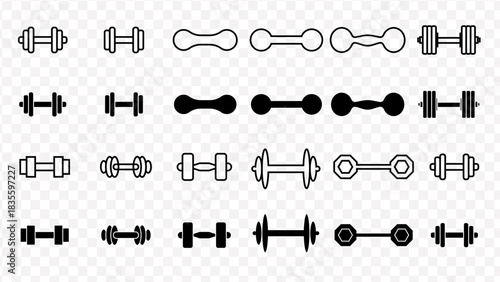 Collection of various dumbbell and weight icons in black and white outlines and solid fills exercise