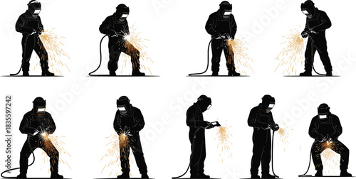 Vector illustration of industrial welders wearing protective gear, working with metal, creating bright sparks, and performing heavy labor jobs in fabrication.
