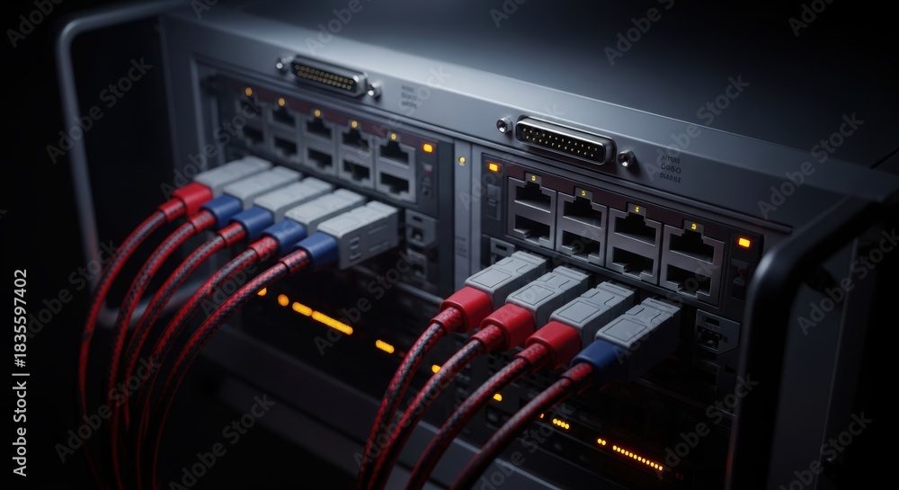 Naklejka premium Network server panel featuring connected cables and glowing LED indicators highlighting data center operations and communication technology