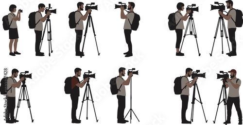 Vector illustration set of videographers and filmmakers with video cameras and tripods, documenting events, illustrating news reporting, media, and creative professions.