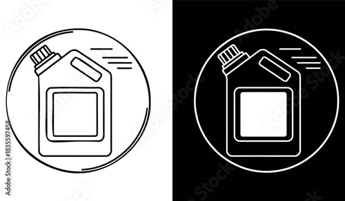 Line icon of liquid container in circle, white and black