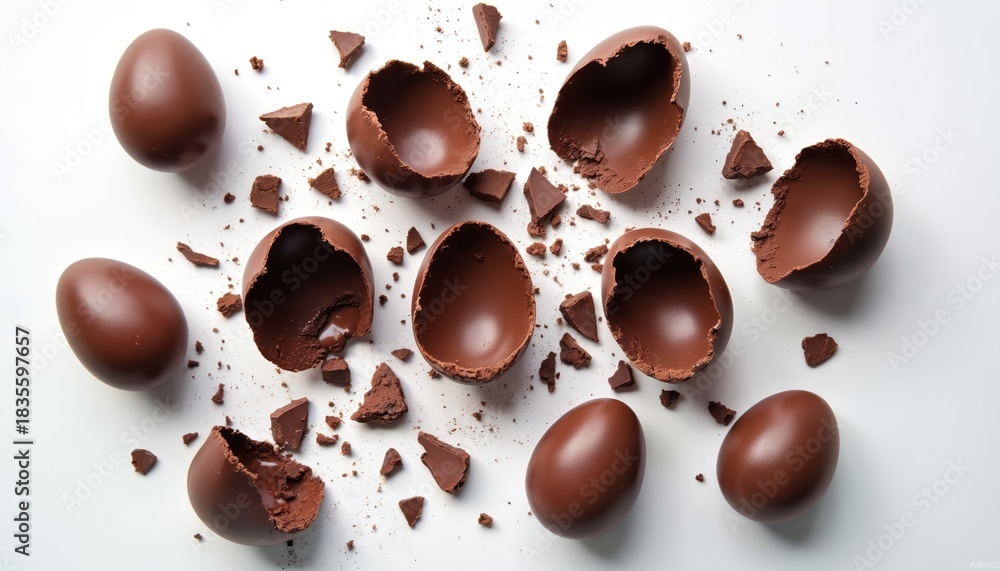 Fototapeta premium Brown chocolate eggs scattered on white surface. Whole, others broken into pieces, revealing hollow interiors. Scattered crumbs, shards add dynamic, messy feel. Festive treat for Easter celebrations