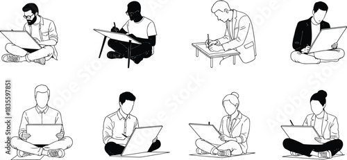 Vector silhouette collection of people writing, sketching, studying, and working on laptops and clipboards, illustrating creative work, learning, and education concepts.
