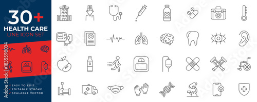 Health care line art icon set featuring editable strokes and scalable vector symbols representing medical care, hospitals, wellness, emergency, and professional healthcare concepts.