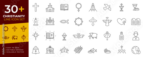 Christianity line icon set vector features editable stroke and outlines, representing the cross, church, bible, and other spiritual religious concepts, designed for web, apps, and digital platforms.