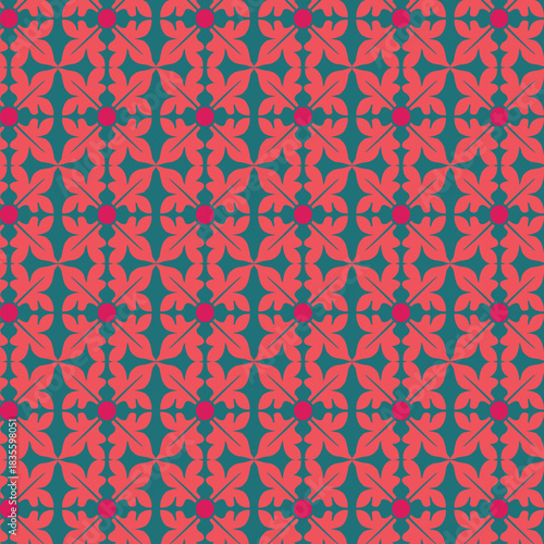 Vibrant Red Geometric Floral Pattern on Teal Background