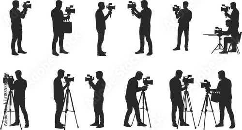 Vector silhouette collection of photographers with large cameras, backpacks, and tripods, illustrating photojournalism, visual media, and professional creative careers outdoors.