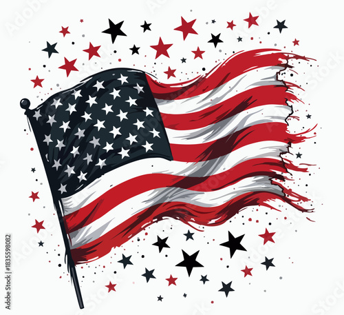 Vector design with decorative drawing of 
national flag of usa is fluttering in wind. 
Fashion t-shirt print. American pattern of stars 
and wavy stripes for textiles, fabric, clothing.
