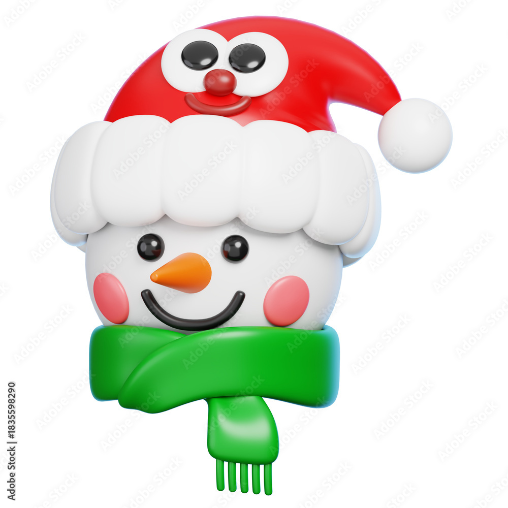 Obraz premium Cute 3D Snowman Head with Santa Hat and Green Scarf. Isolated Christmas Cartoon Mascot.