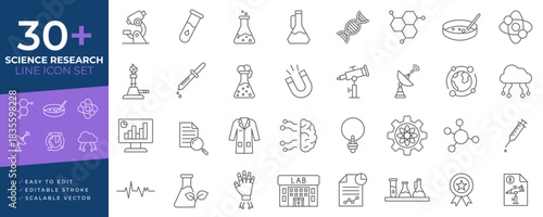 Science research icon set line icon set with editable strokes and scalable vector symbols representing laboratory, chemistry, biology, and research concepts for professional digital projects.