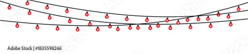 Three strands of red christmas lights strung across a white background for holiday decorations , glowing holiday lights garland bulbs, twinkling fairy lights glow