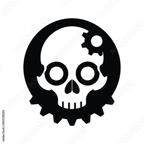 Cyberpunk industrial skull emblem rendered in striking black and white graphic style Vector illustration