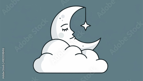 A cartoon crescent moon sleeping peacefully on a fluffy white cloud with a hanging star, against a muted blue background.
